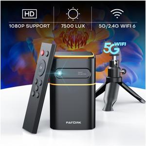 FATORK Mini Projector with 5G WiFi,1080P HD Small Projector Short Throw with Tripod, Outdoor Projector for Phone, Rechargeable Portable Projector, Compatible with iOS/Android/TV Stick/HDMI/USB 2.0