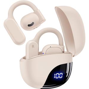 TAGRY Open Ear Earbuds Wireless Bluetooth Headphones 80Hrs Playtime Ear Buds with Earhooks IPX7 Waterproof Touch Control Earphones Sport Headsets for Workout Running Beige