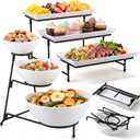 2 Set 3 Tier Serving Trays for Party 12 Inch Plastic Serving Platters and 3 Tier Round Ceramic Salad Display Stand with Black Collapsible Metal Stand for Food Dessert Cookies Fruit