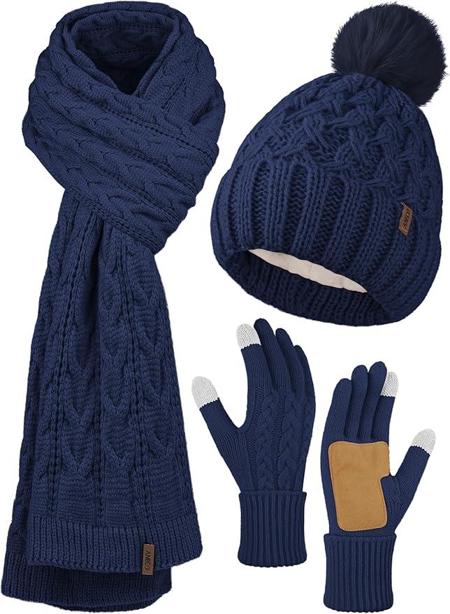 Aneco Women Winter Beanie Hat Scarf Gloves Set Warm Fleece Cap with Pompom Knit Anti-Slip Touchscreen Gloves for Cold Weather Blue