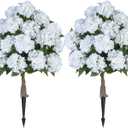 BLOSMON Fake Hydrangea Trees for Outdoors - 2 Packs 33" White Artificial Flower Topiary Ball Trees for Front Porch Decor - 20 Heads Faux Silk Hydrangea Bush Plants with Spike for Garden Yard Patio