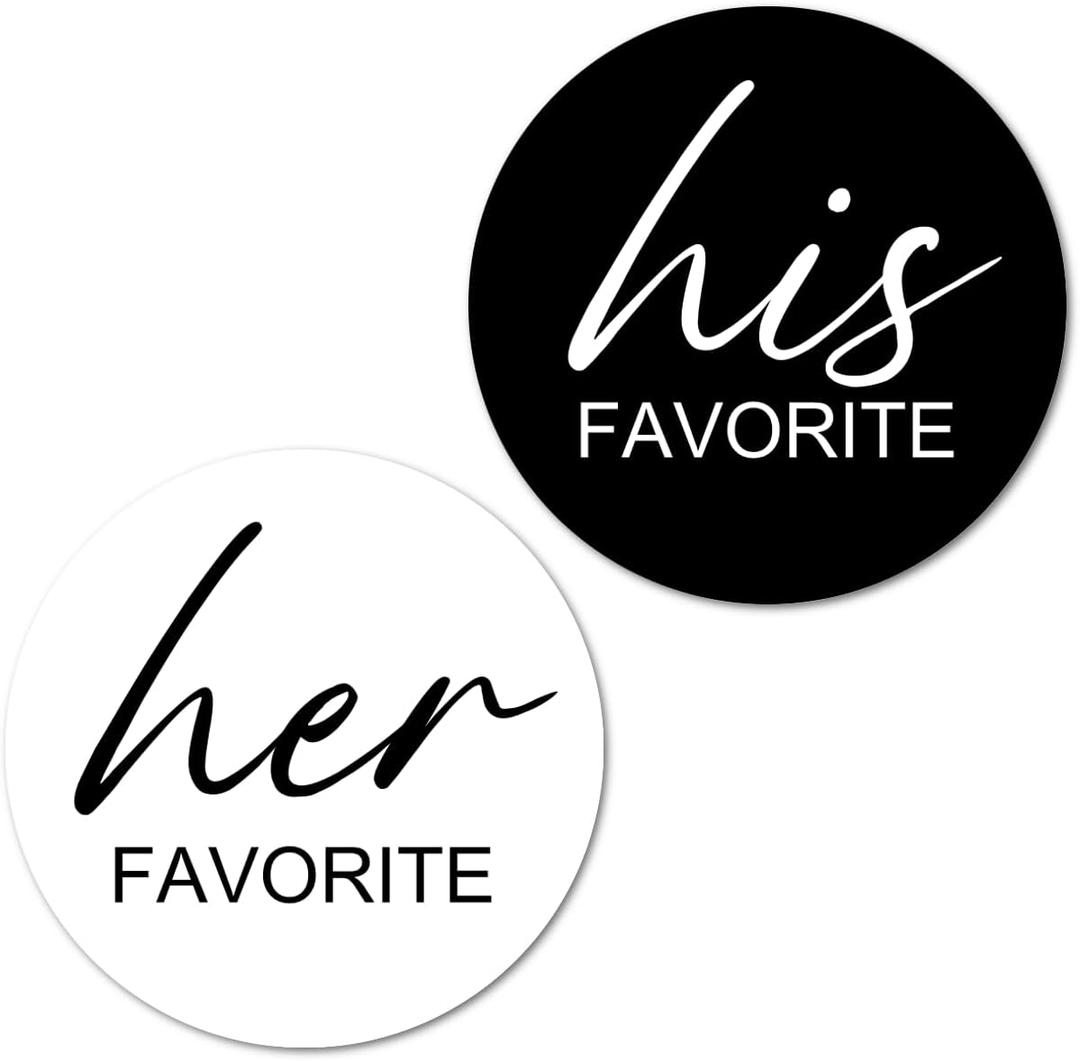 124 His Her Favorite Stickers (62+62), Black and White 1 Inch Big Round Glossy Labels, Wedding, Bridal Shower Favor Labels, Great for Gift Bags, Envelope Seal, Boxes, Tags, Bride and Groom Supplies.