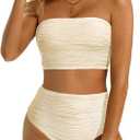 High Waisted Bandeau Bikini Set - Women Strapless Two Piece Swimsuits Ribbed Longline Full Coverage Bathing Suits Swimwear (Small, Beige)