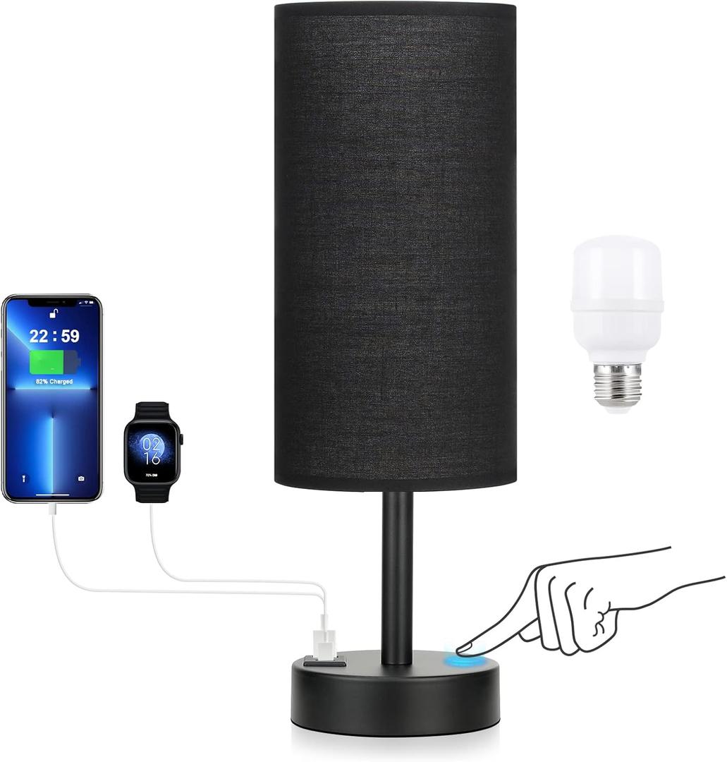 Black Touch Nightstand Lamps for Girl - Small Bedside Lamp with USB-C and USB Charging Ports, 3 Way Dimmable Control Table Lamp for Living Room Office, Dorm, Reading with Fabric Shade Black Base (14in)