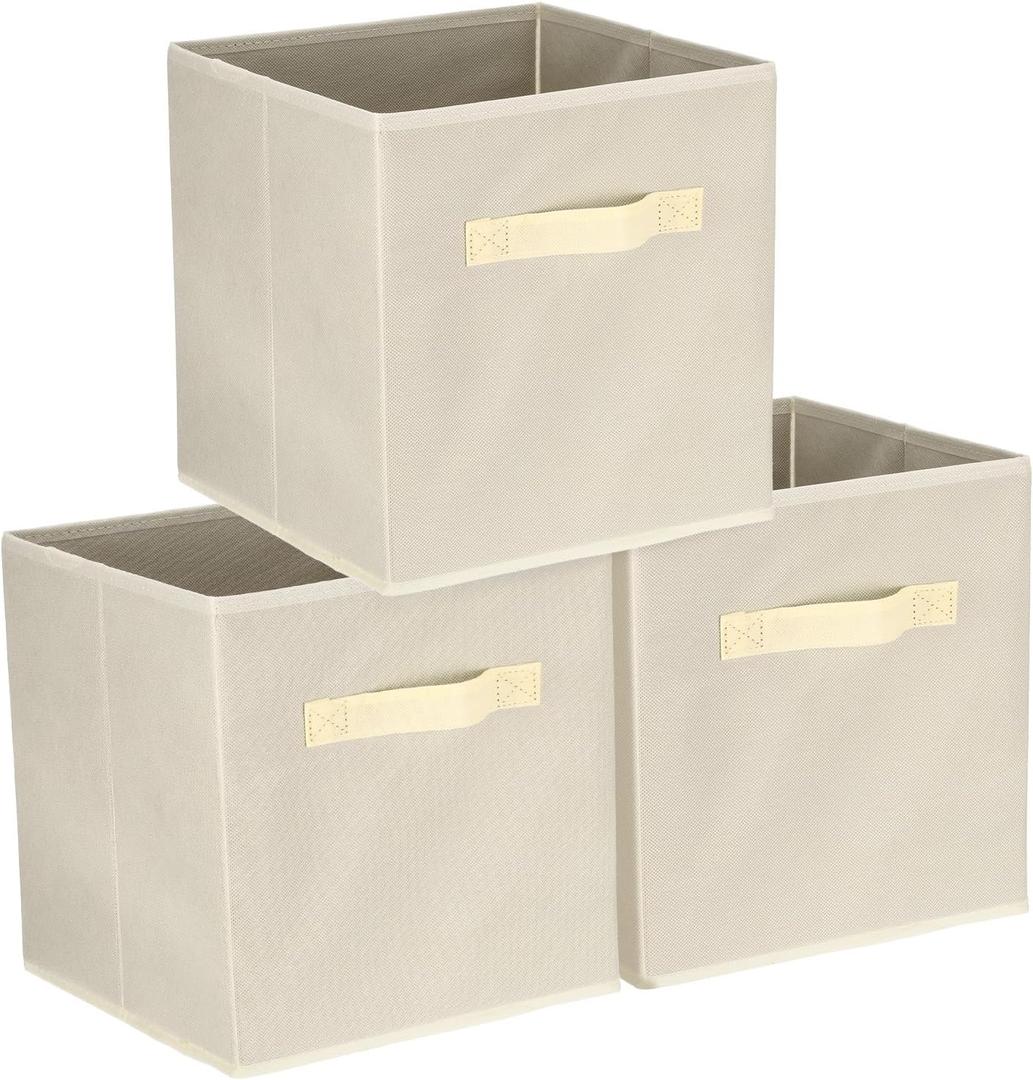 uxcell 3Pcs Fabric Storage Bins, 11 Inch Cube Storage Bin Foldable Storage Cube Organizer Bins with Handles for Shelf Closet, Nursery Home, Bedroom(Beige)