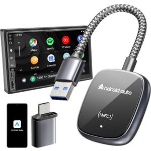 Android Auto Wireless Adapter, [NFC Tech, Ultra-Durable Wire, Latency-Free] 2025 Upgraded USB-A/USB-C Aluminum Wireless Android Auto Car Adapter, Compatible with Cars from 2015