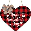 VABAMNA Valentines Day Decorations Door Sign - Buffalo Plaid Happy Valentines Day Hanging Wooden Sign for Rustic Farmhouse Valentine Door Wall Home Decorations