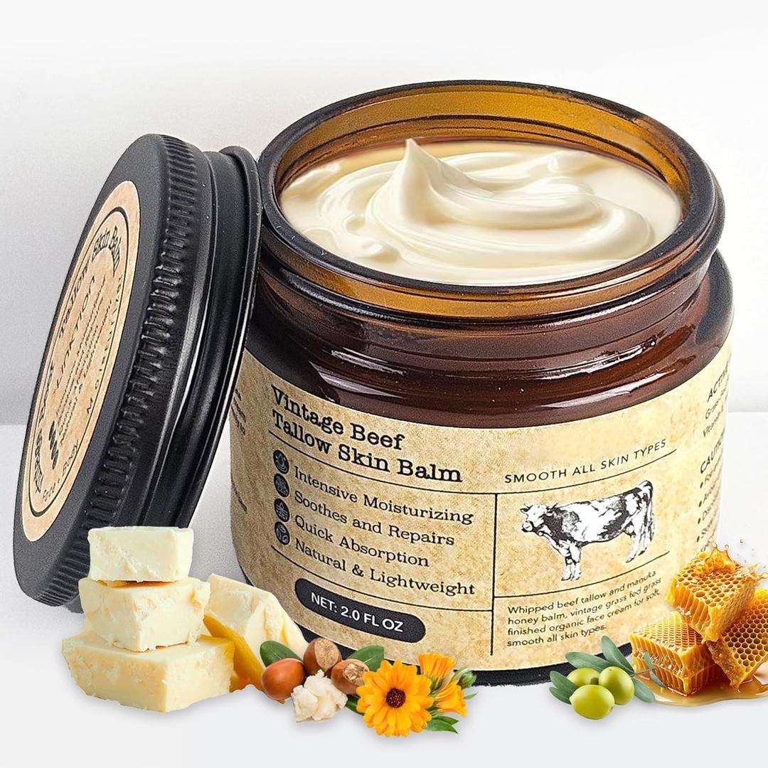 Beef Tallow Honey Balm for Sensitive Skin:100% Organic Grass-Fed Vintage Tallow Moisturizer For Face Cracked Hands Non-Greasy Nourishing Cream With Olive Oil - Eczema Safe All Skin Types 2 oz (white)