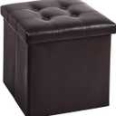 YOUDENOVA 15 inches Folding Storage Ottoman, Cube Storage Boxes Footrest, Small Ottomans with Foam Padded Seat, Support 300lbs (Brown, Leather)