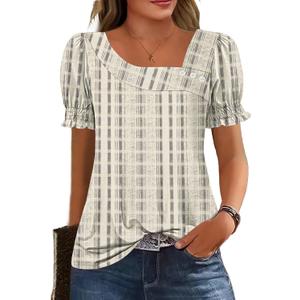 Womens Ruffle Trim Sleeve Summer Tops Square Neck Button Casual Loose T Shirts Blouses 2026 Trendy Clothes (S)