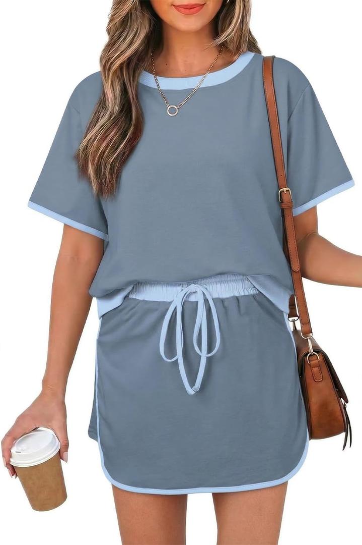 Opemiby Women's 2 Piece Sets Summer Casual Short Sleeve Tops and Matching Drawstring Skort Going Out Gray Blue Lounge Outfits 2XL