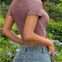 SweatyRocks Women's Mock Neck Short Sleeve Crop Tops Waffle Knit Asymmetric Fitted Tee Shirts (Purple, S)