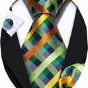 Barry.Wang Designer Classic Ties for Men Set Formal Pocket Square Cufflink Check Plaid (Green and Orange)
