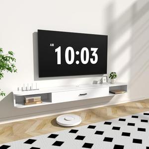 GHC Floating TV Stand, 75'' Wall Mounted TV Cabinet, Floating Shelves with Door, Media Console for DVD Player, Space-Saving Under TV Shelf for Bedroom & Living Room (White)