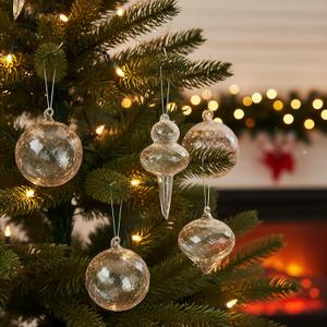 Soulchen 12 Pcs Clear Christmas Glass Ornaments Set 3 to 5 Assorted Vintage Hanging Decoration with Faceted Design, Crystal Ball, Icicle and Drop Shapes for Holiday Xmas Tree Party Wedding Decor