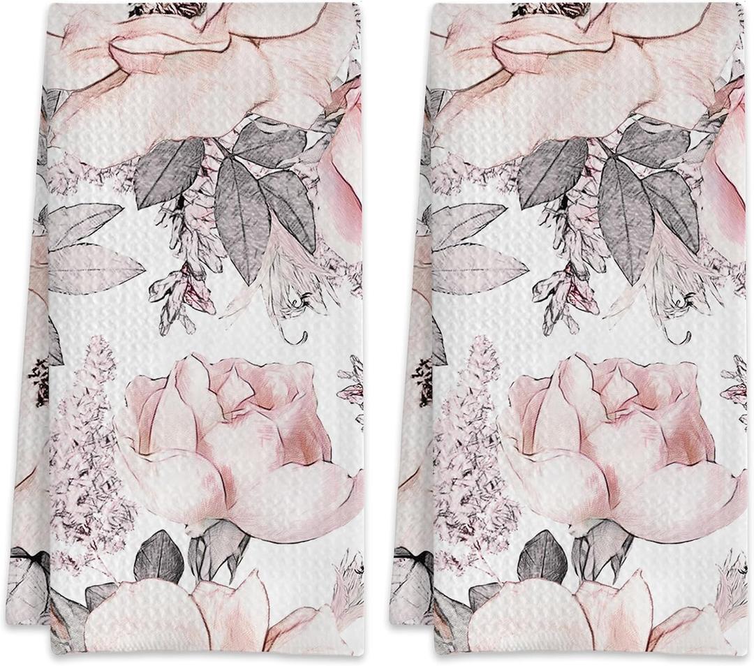 Pink Flowers and Leaves Watercolor Floral Hand Towels for Bathroom Set of 2,Absorbent Waffle Weave Kitchen Towels,Decorative Modern Bathroom Towel for Bath,Guest,Shower 16 X 24 Inch