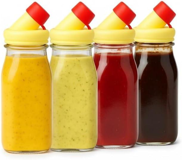 kitchentoolz Salad Dressing Shaker Bottle  12oz Glass Bottle with Silicone Pour Spout and Tamper-Proof Lid for Sauces and Marinades - Pack of 4 (Yellow)