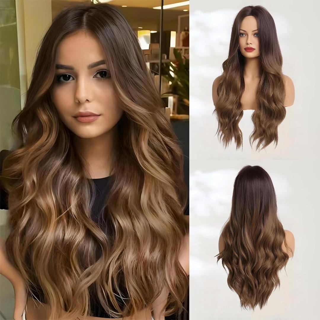 Haoland Long Ombre Brown Wavy Wig for Women 26 Inch Middle Part Curly Women's Charming Synthetic Wig with Natural Wavy Brown Heat Resistant Hair for Wedding Daily Party Use