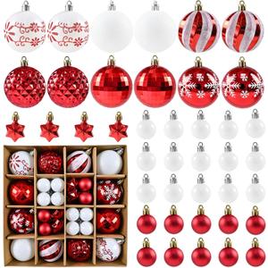 Christmas Balls Ornaments, 44 Packs Red White Xmas Tree Decoration, Shatterproof Christmas Tree Decorations, Glittering Hanging Ball for Winter Holiday New Year Party Decoration Assorted Sizes