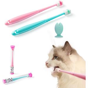 E.M&S.T by Emmeliestella Small Dog & Cat Toothbrush 360 Degree Soft Silicone, Cat Dental Care, Toothbrush Holder, Easy to Handle, Independent Packaging, Extra Suction Cup, Light Blue&Light Pink 3PCS