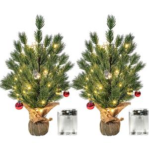 LACHARM 2 Pack 16 Inch Mini Christmas Tree, Tabletop Christmas Tree with Battery Operated Copper Lights and Hanging Ornaments, Small Xmas Tree for Home, Office, Kitchen Table Christmas Decoration