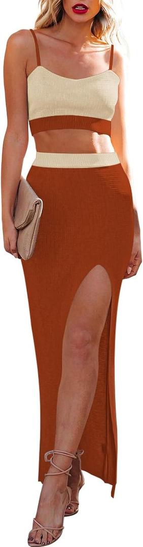 Cutiefox Women's Knit 2 Piece Dress Cami Crop Top High Side Slit Bodycon Long Skirt Set (XS)