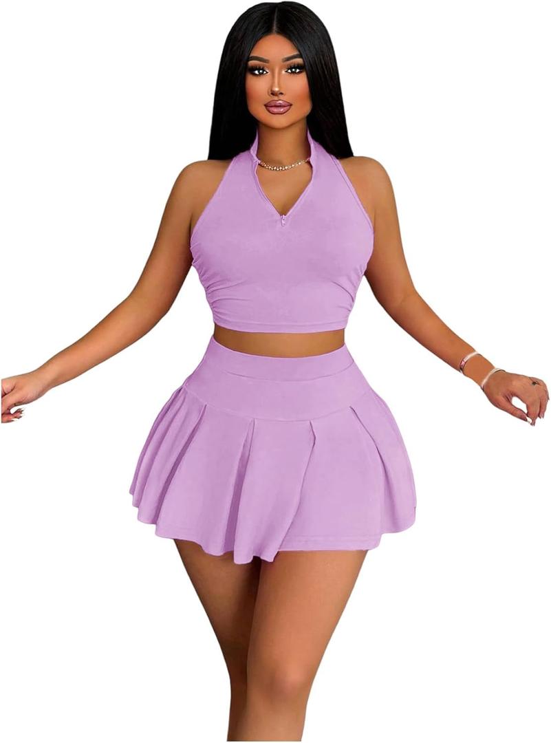 RoseSeek Women's 2 Piece Tennis Skirt Set Sleeveless Racerback Crop Tank Tops High Waisted Pleated Mini Skirt Outfits (X-Large, Light Purple)