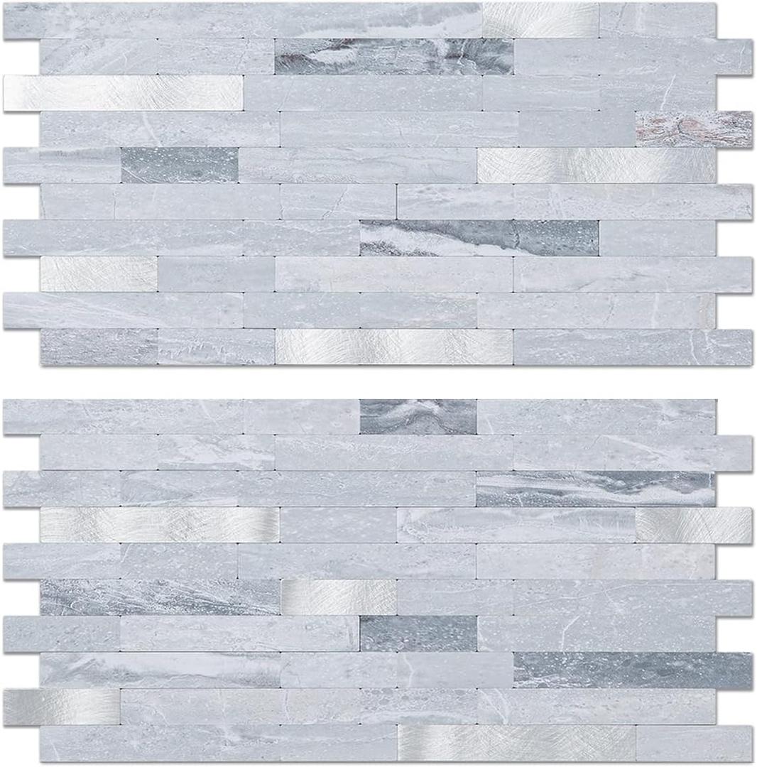 AULIGET 20 Sheets Faux Stone Peel and Stick Backsplash, Light Grey Marble Look PVC Mixed Metal Wall Tiles Stick on Backsplash for Kitchen