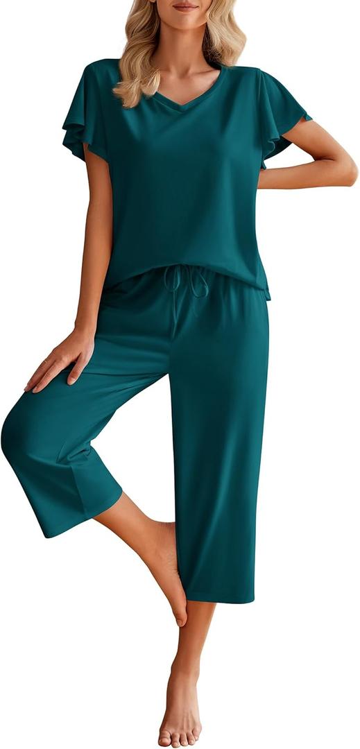 Ekouaer Womens Cotton Pajamas Sets Short Sleeve Tops and Capri Pants Sleepwear Loungewear with Pockets (Small, Marine Blue)