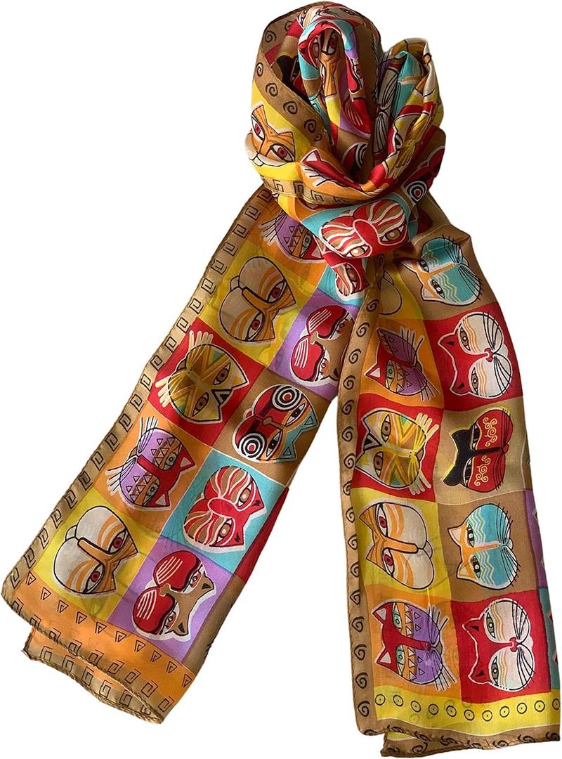 Silk Scarves Women's%100 Mulberry Silk Scarves Pure Silk Long Cat Printed Scarf Head Scarf Headbands Scarves Art Print (Yellow)