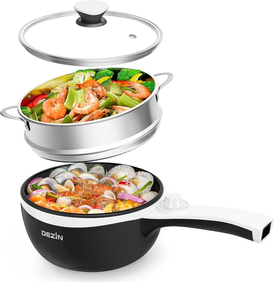 Dezin Hot Pot Electric with Steamer Upgraded, Non-Stick Saut Pan, Rapid Noodles Electric Pot, 1.5L Mini Pot for Steak, Egg, Fried Rice, Ramen, Oatmeal, Soup with Power Adjustment (Black 2)