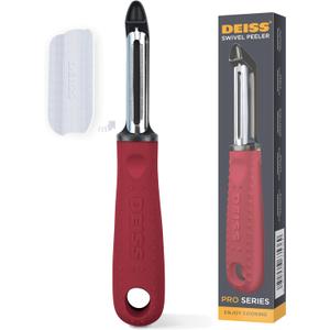Deiss PRO Premium Swivel Vegetable Peeler - Sharp Stainless Steel Peeler With Easy Non-Slip Hand Grip, Potato Peelers For Kitchen, Fruit, Carrot, Apple, Veggie, Kiwi, Durable, Dishwasher Safe (RED)