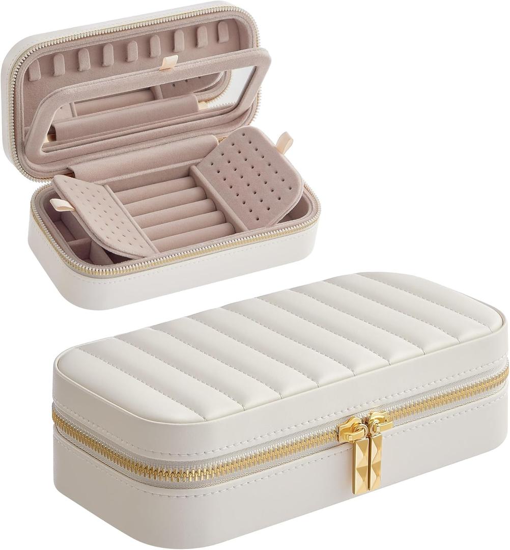 SONGMICS HOME Travel Jewelry Case, Small Jewelry Box Organizer with Mirror, 4.1 x 8 x 2.4 Inches, PU Surface with Stitching, Portable, Cloud White, ANAH Collection UJBC180W01