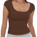 Artfish Women's Short Sleeve T-Shirts Low Scoop Neck Slim Fitted Ribbed Knit Casual Longer Crop Top, M-L