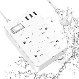 Outdoor Power Strip Weatherproof,Waterproof Surge Protector with 4 Outlets,3 USB,Shockproof Overload Protection, Multi Outlet Extension for Camping, Garden, Kitchen, Bathroom, 6ft Cord,with Flat Plug (White)