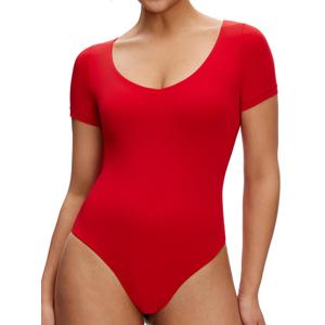 NANJI Short Sleeve Bodysuit for Women - Slim Fit Scoop Neck Body Suit, Stretch Double Lined Tops, Casual Going Out Outfits (XL, Equestrian Red) (XL)