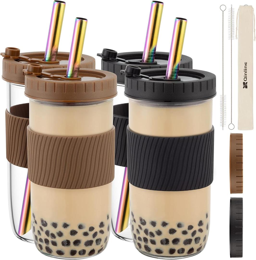 Qinline Reusable Glass Mason Jars Cups with Lids and Straws Silicone Sleeves, 4 Pack 24Oz Wide Mouth Smoothie Cups Glass Bubble Tea Cup Leakproof drinking glasses Travel Tumbler for Large Pearl Birthday Gifts (Black & Coffee)
