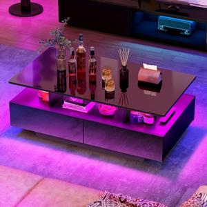 YITAHOME LED Coffee Table with Storage, High Glossy LED Coffee Tables for Living Room, Modern Black Rectangle Coffe Table, Small Center Table with Open Display Shelf & 4 Sliding Drawers, Glossy Black