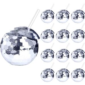 12 PCS Disco Ball Cups, 20Oz Disco Party Cups with Lid and Reusable Straw Flash Ball Cocktail Cup for Party Nightclub Bar Supplies Wine Drinking Syrup Tea Bottle (Silver) (Sliver)