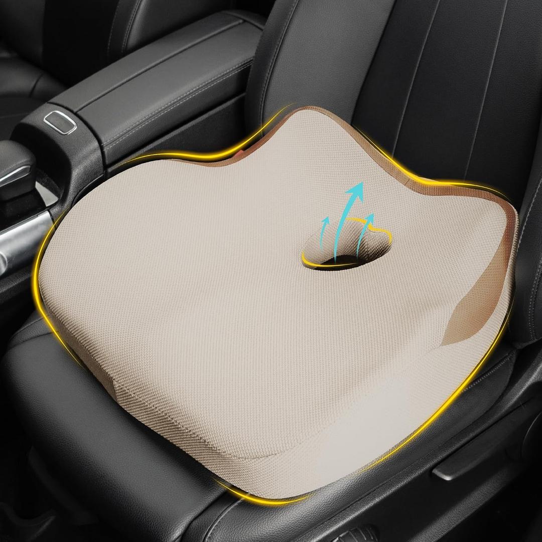 Car Seat Cushion: Ergonomic Memory Foam Car Cushion for Sciatica Pain Relief, Larger Driving Seat Pillow for Short Drivers on Long Drives - Butt Pillow for Truck, Office, Wheelchair - Beige, Standard