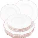 WDF 60pcs Rose Gold Plastic Plates-Baroque White &Rose Gold Disposable Plates including 30Plastic Dinner Plates 10.25inch, 30 Salad Plates 7.5inch for Wedding & Parties
