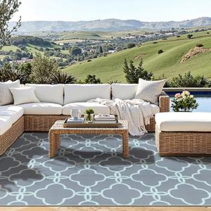 Ashler Outdoor Plastic Straw Rug Waterproof for Patio, Clearance Reversible Camping Mats, 9'x12' Large Outdoor Area Rugs with Carrying Bag, for RV, Picnic, Backyard, Indoor, Grey Blue