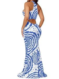 EDITCOZY Women Sexy Bodycon Maxi Dress Tie Dye Beach Summer Dresses Halter Backless Long Sundress Vacation Sky Blue L
