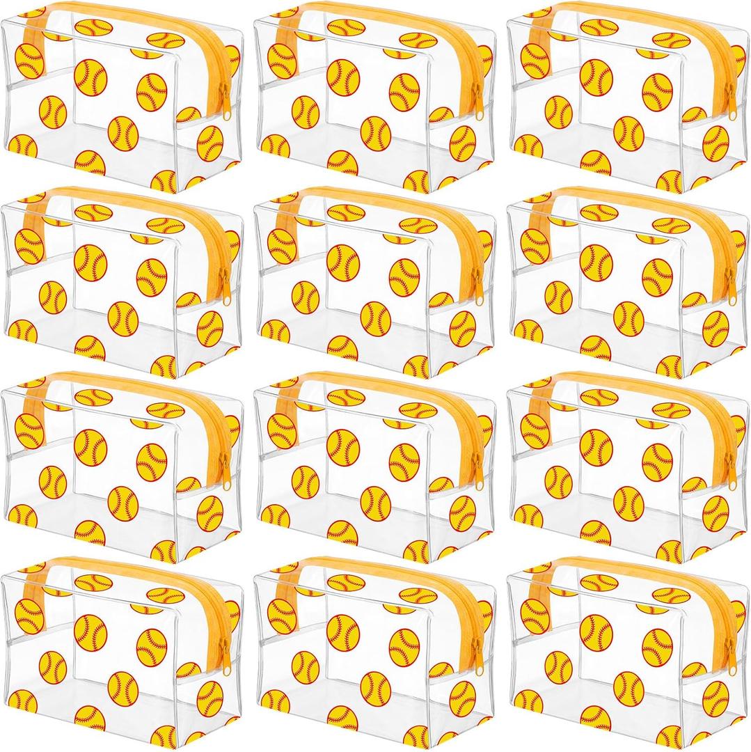 12 Pack Softball Clear Makeup Bags Team Player Gifts & Party Favors Transparent PVC Cosmetic Toiletry Pouch with Zipper Waterproof Travel Organizer Bulk 6.8 x 4 x 3.8 Inch