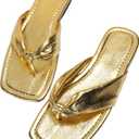 GORGLITTER Women's Flip Flops Flat Sandals Dressy Metallic Square Toe Thong Vacation Summer Weeding Slides Sandals (10.5, Gold)