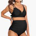 Charmo Scalloped Maternity Bikini Swimsuit Two Piece High Waist Ruched Pregnancy Bathing Suit Cute V Neck Swimwear Black, Size XL