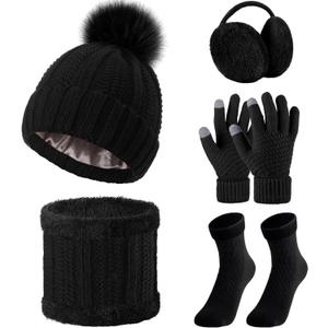 SATINIOR 5 Pcs Winter Satin Lined Hat Scarf Gloves Set Knit Pompom Beanie Warm Touchscreen Glove Earmuff Ear Warmer for Women (Black)