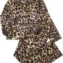 BEAUDRM Women's 2 Piece Leopard Print Satin Pajama Set Cheetah Button Down Long Sleeve Top and Pants Sleepwear (S)
