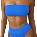 Pink Queen Strapless Swimsuits for Women Sexy Ribbed Bandeau Bikini Top Cheeky High Rise Bathing Suit Blue, Medium 
