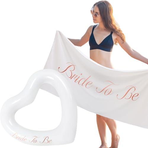 Halloscume 2 Pcs Bride Beach Towel and Pool Float for Bachelorette Gifts 63 x 31 Inch White Beach Towel 47 x 39 Inch Heart Pool Float for Bachelorette Bride Shower Party Favors Wedding Summer